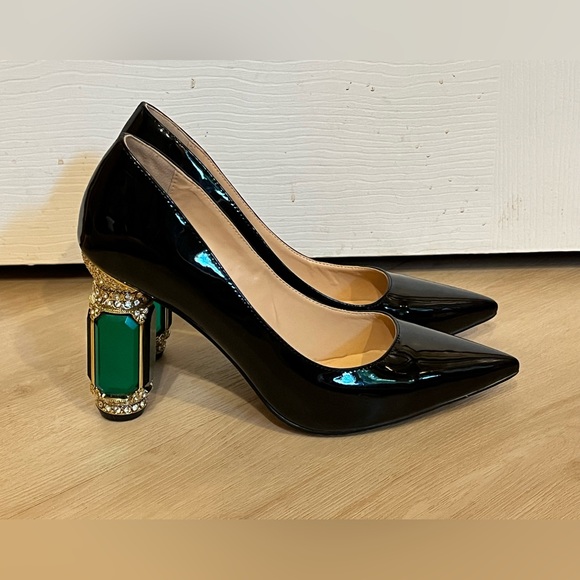 FSJ Women Bridal Pointed Toe Chunky High Heel Crystal Pumps Slip on Wedding Thic - Picture 11 of 12